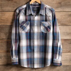 No Boundaries Mens 2X 50-52 Plaid Check Stripe Snap Front cotton Polyester Shirt